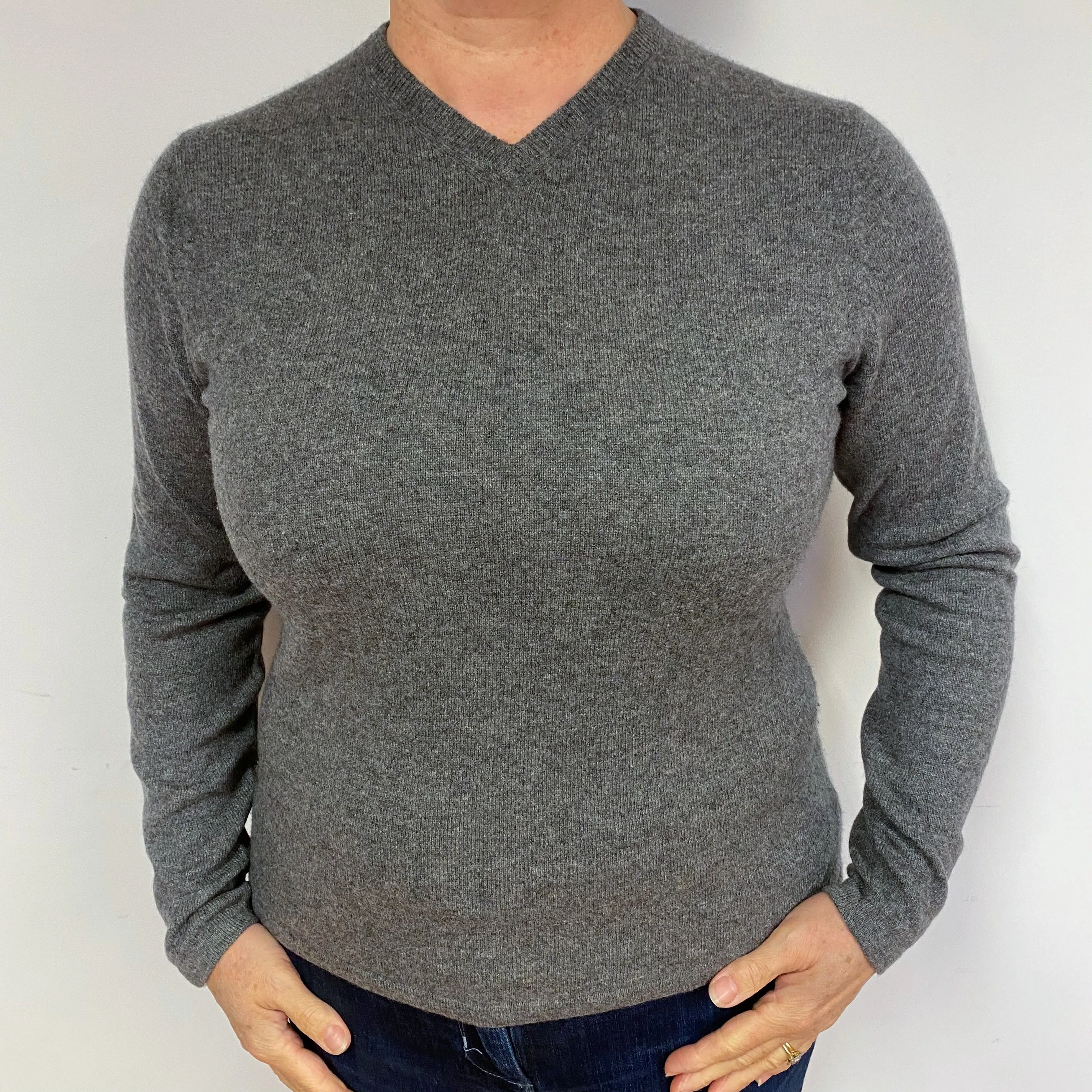 Mid Grey Cashmere V-Neck Jumper Large