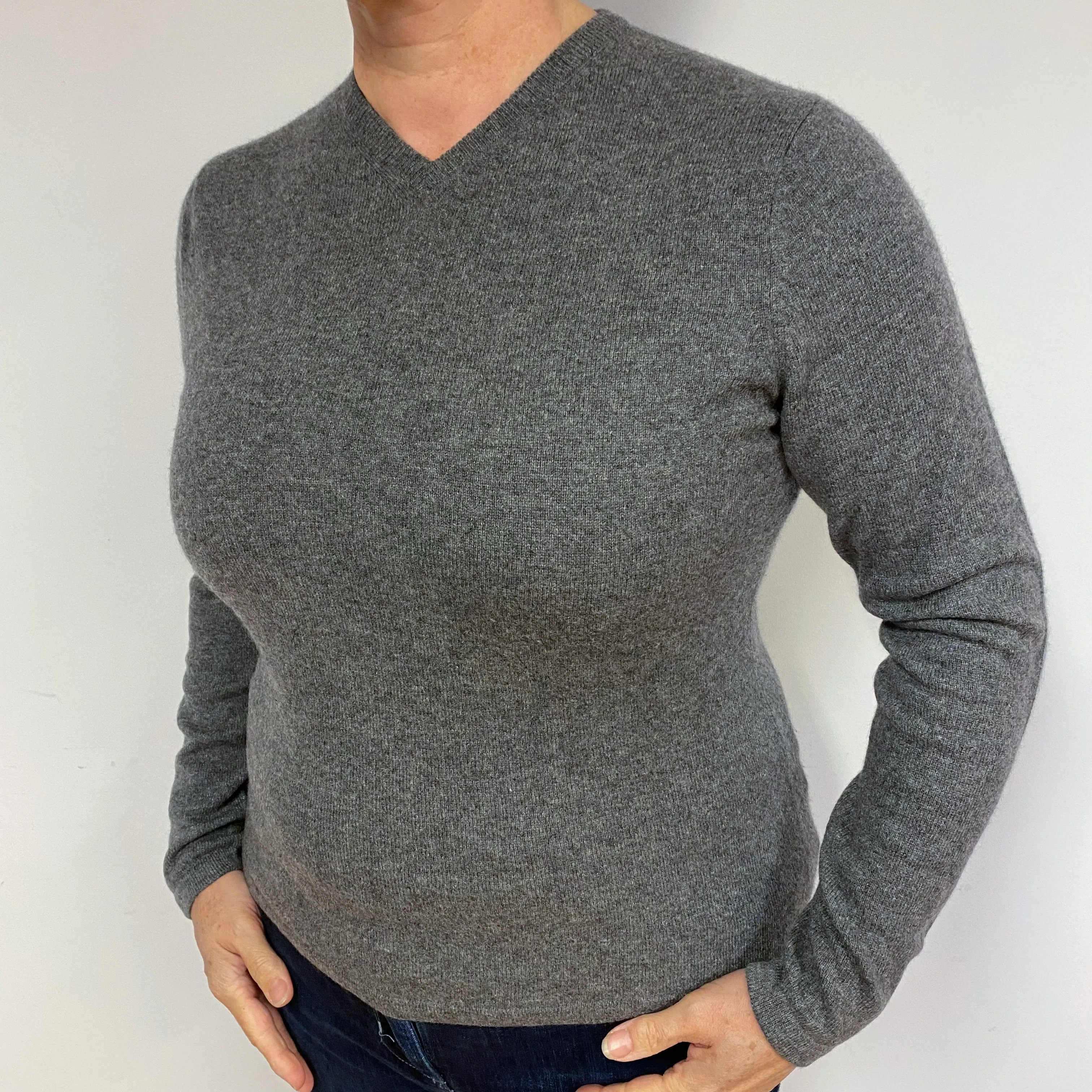 Mid Grey Cashmere V-Neck Jumper Large