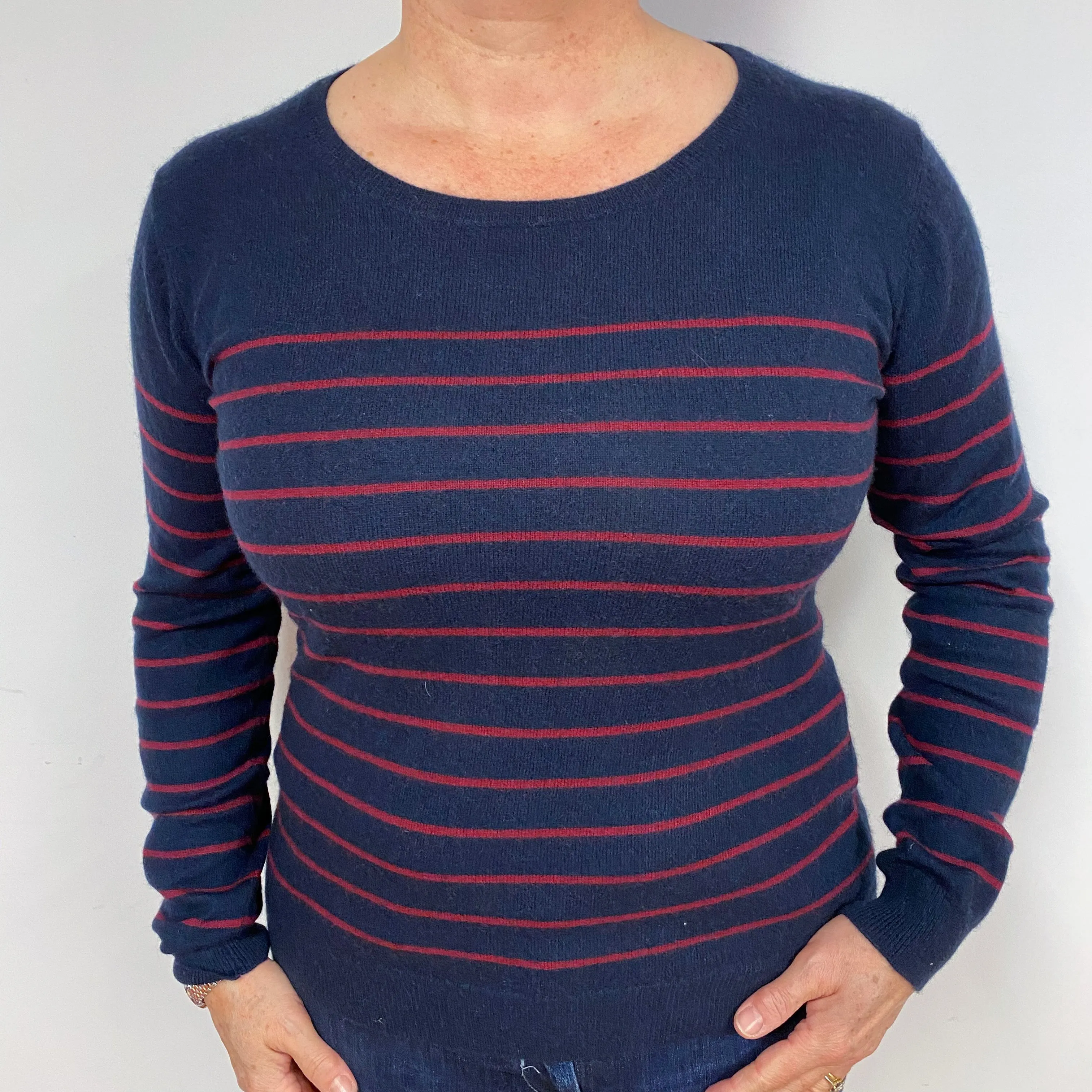 Navy Burgundy Stripe Cashmere Crew Neck Jumper Large