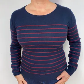 Navy Burgundy Stripe Cashmere Crew Neck Jumper Large