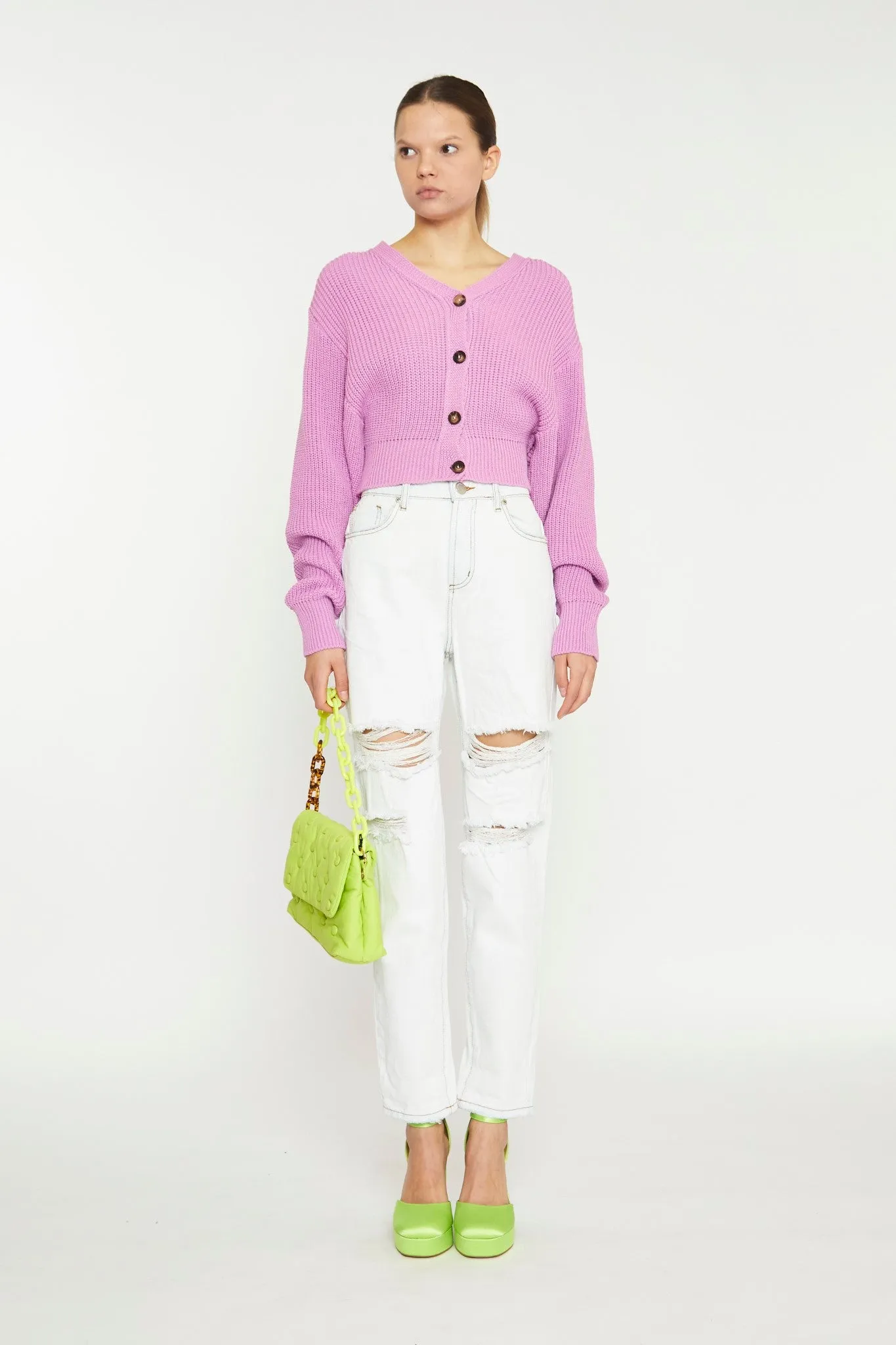 Orchid Pink Button Front Cropped Cardigan