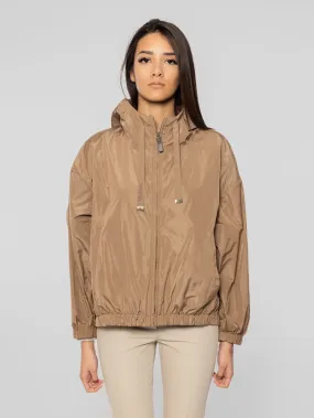 Parka Corto Tea in Taffetà con Cappuccio Cammello