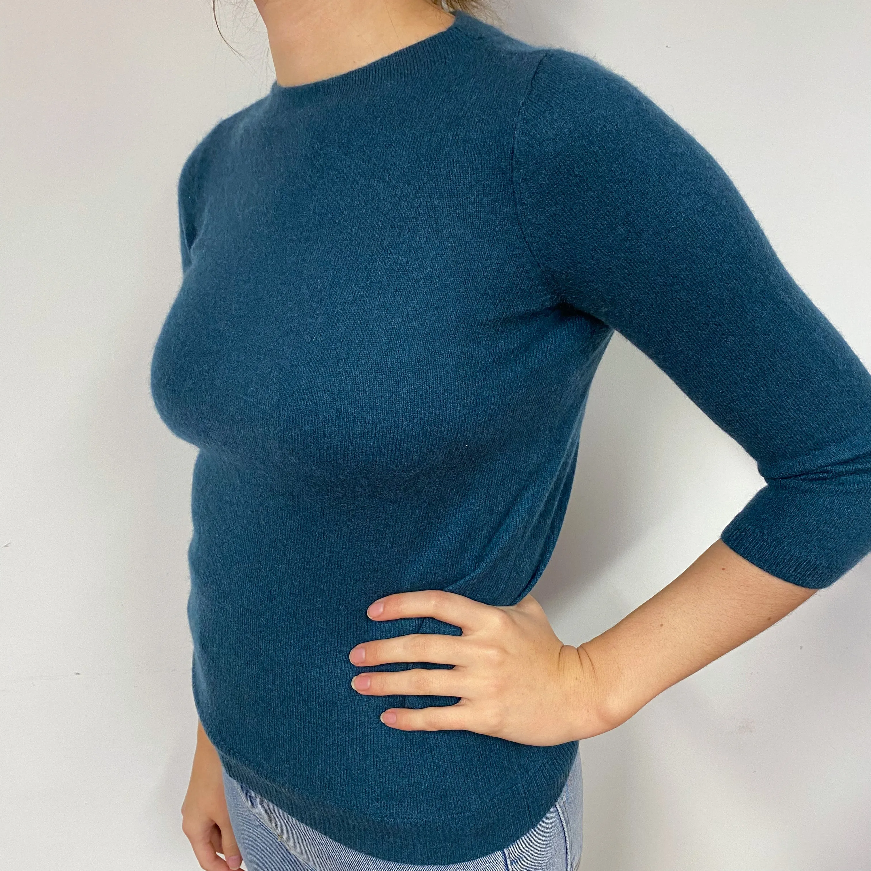 Petrol Blue 3/4 Sleeve Cashmere Crew Neck Jumper Small/Petite