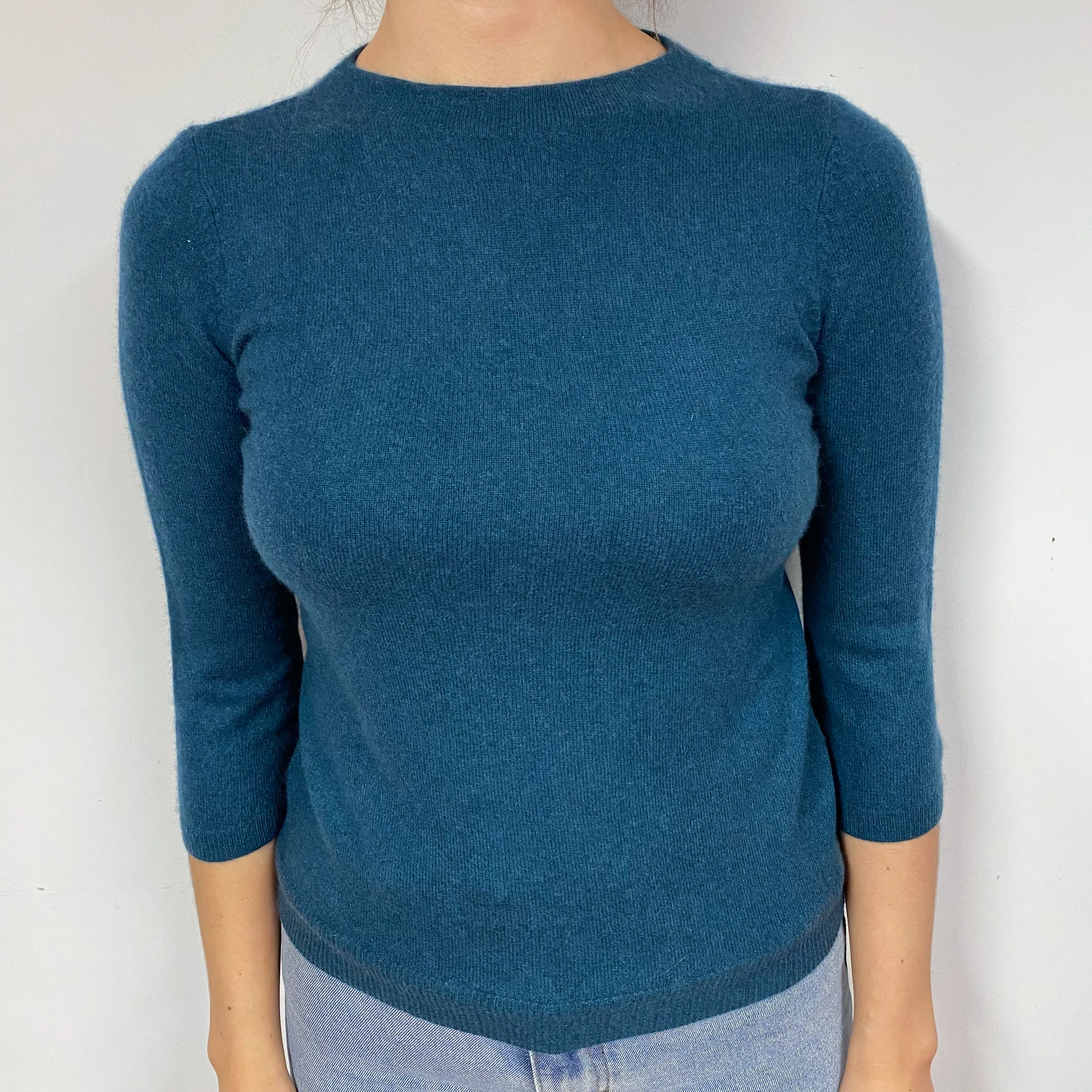 Petrol Blue 3/4 Sleeve Cashmere Crew Neck Jumper Small/Petite