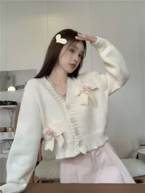Pink White Bow Knit Embroidery Cardigan