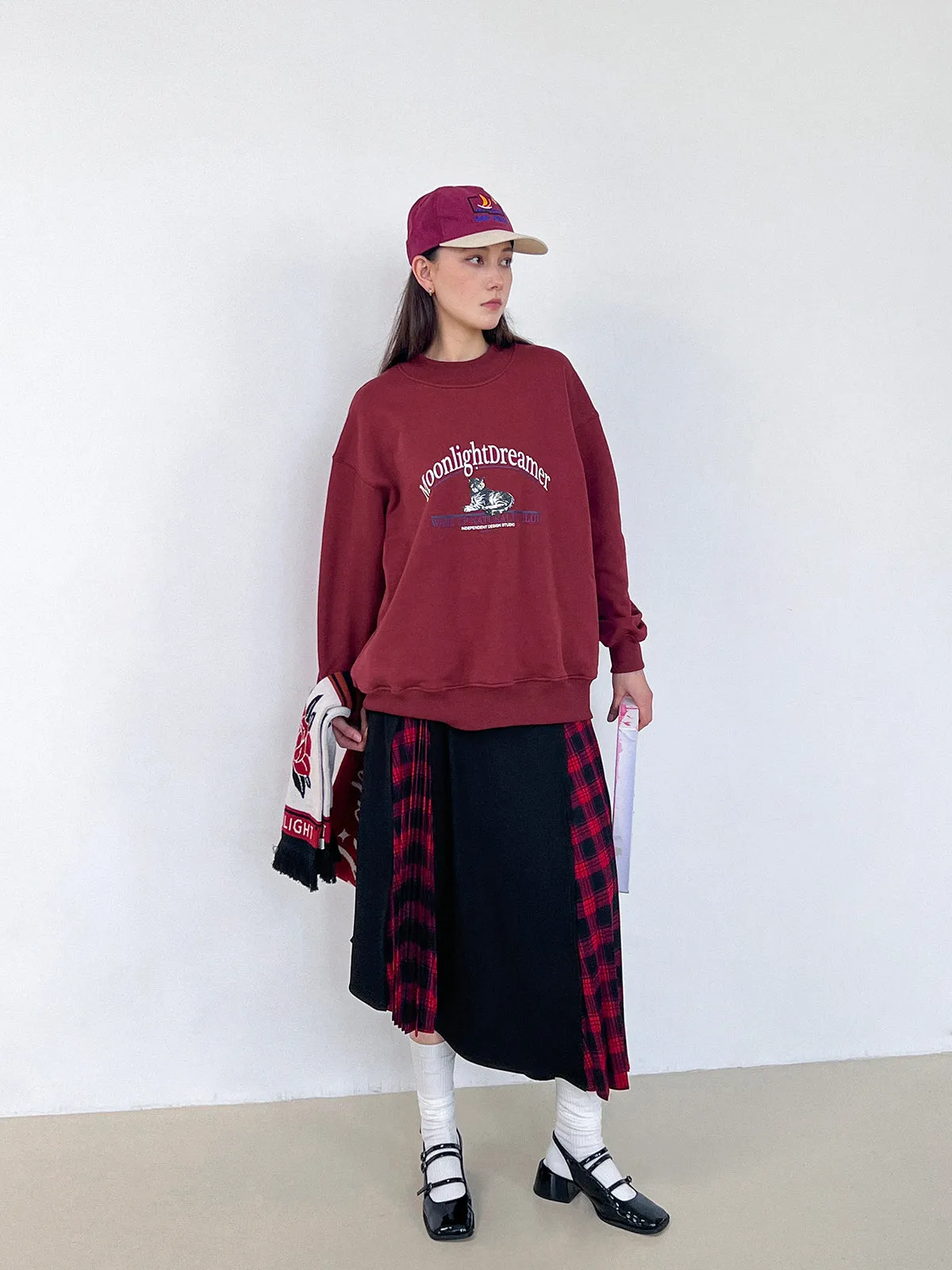 Pleats Mix Checked Girly Retro Long-Skirt