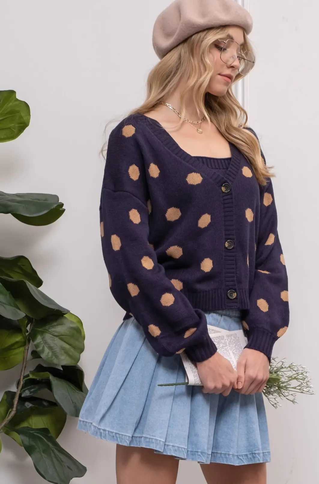 polka dot button up cardigan - navy