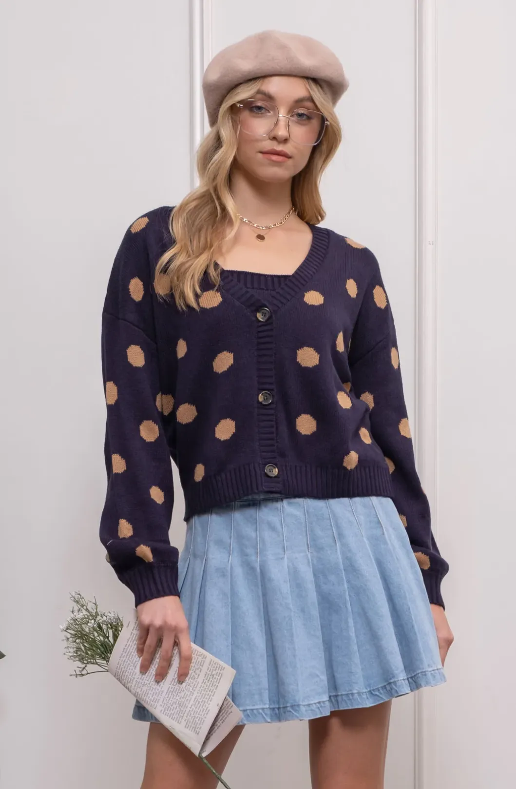 polka dot button up cardigan - navy