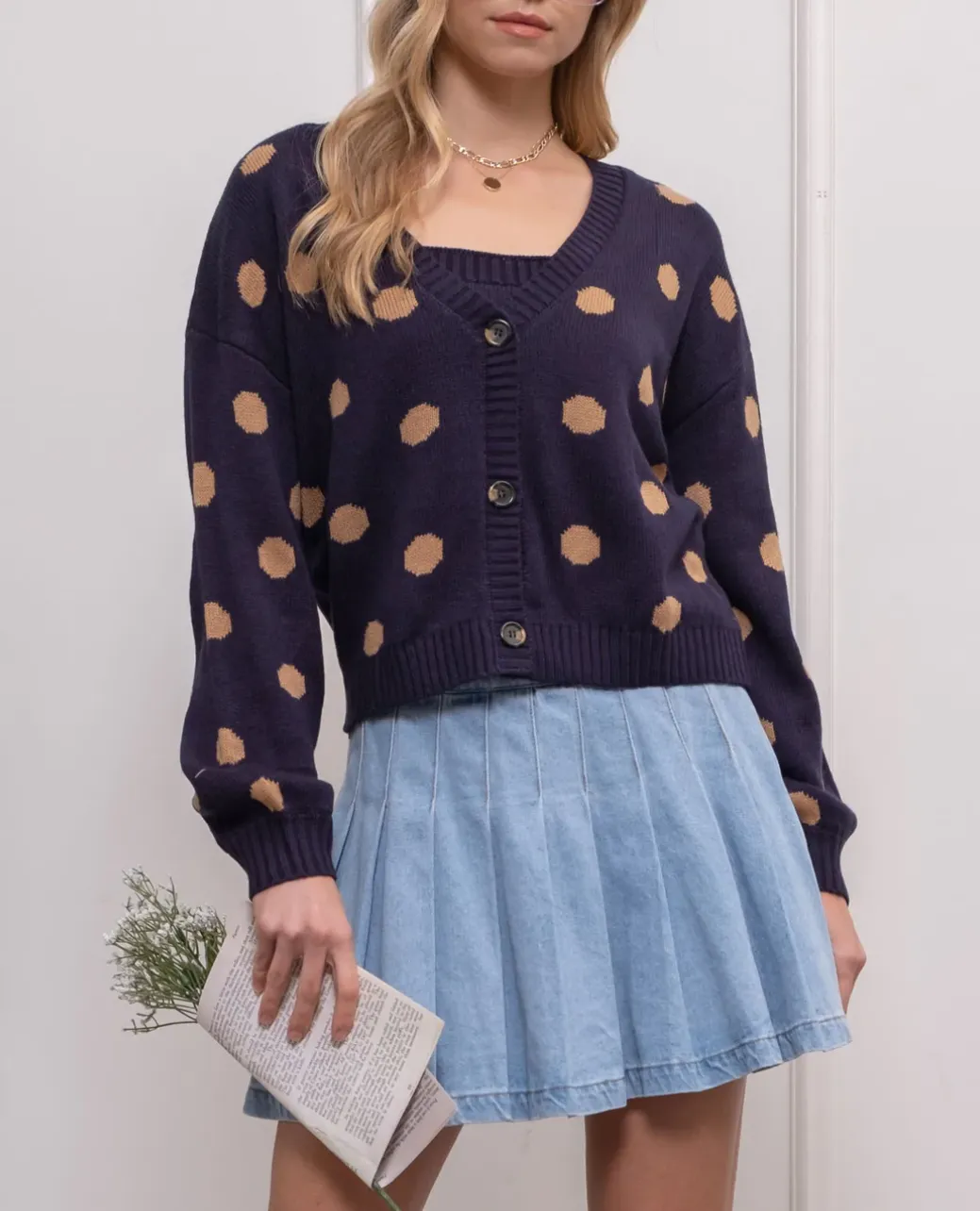 polka dot button up cardigan - navy