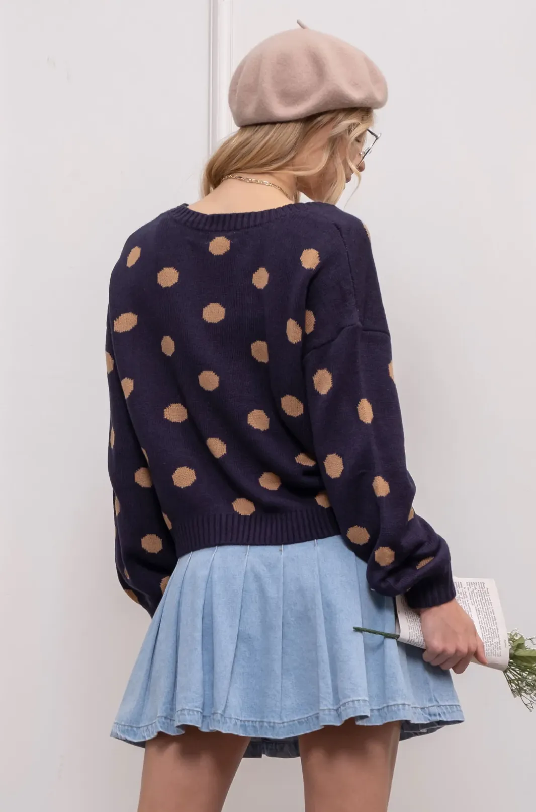 polka dot button up cardigan - navy