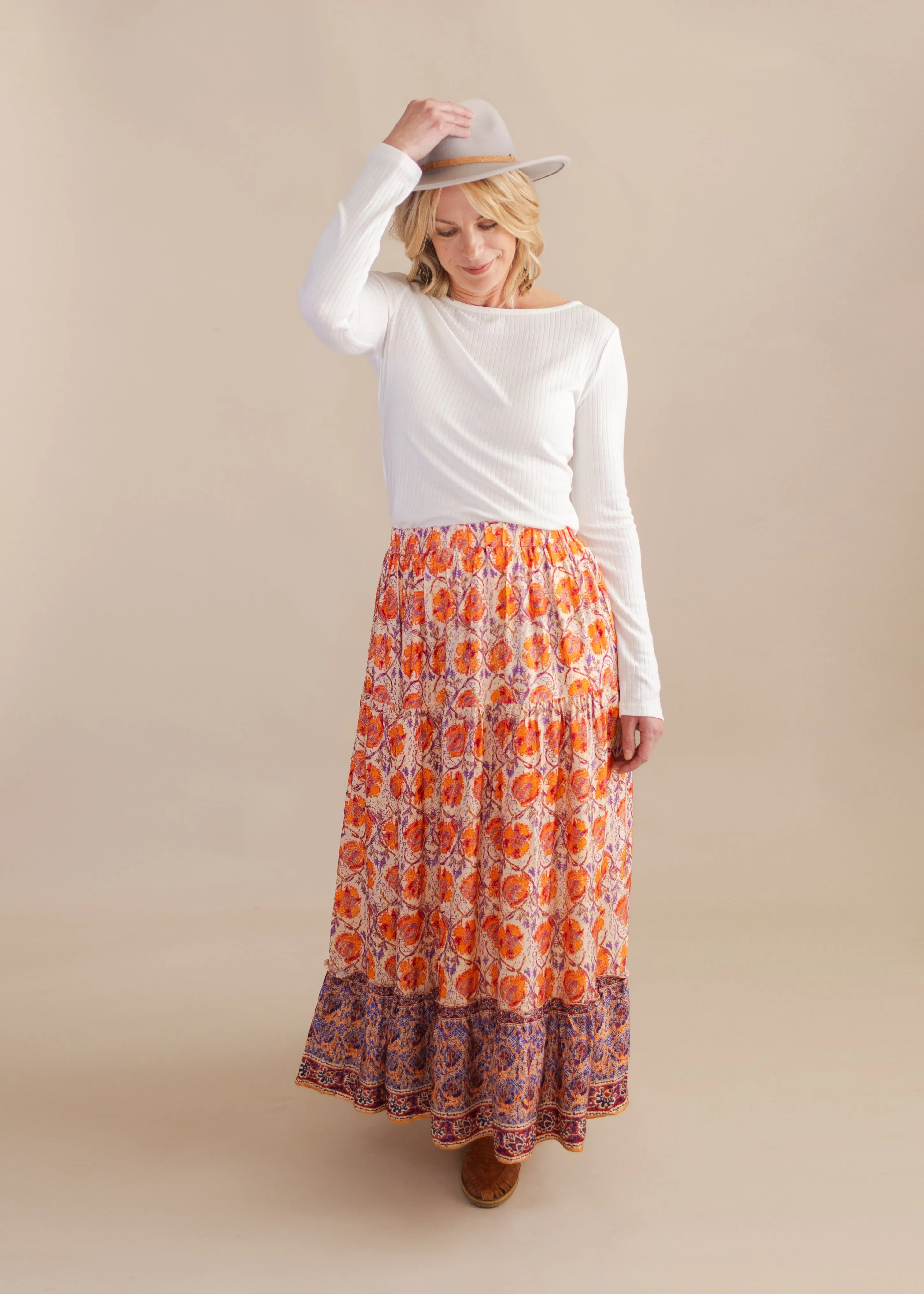 Printed Tiered Midi Skirt