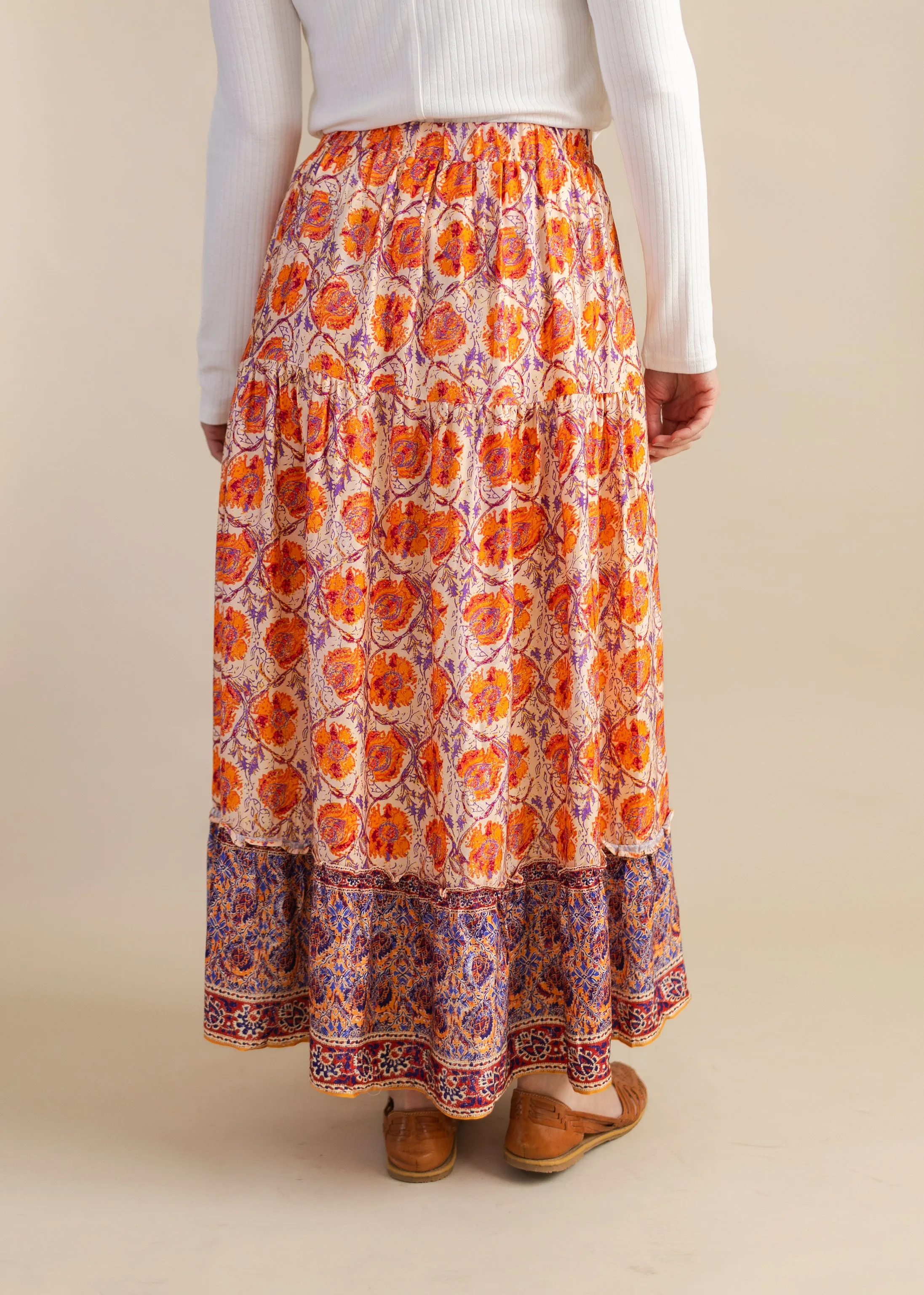 Printed Tiered Midi Skirt
