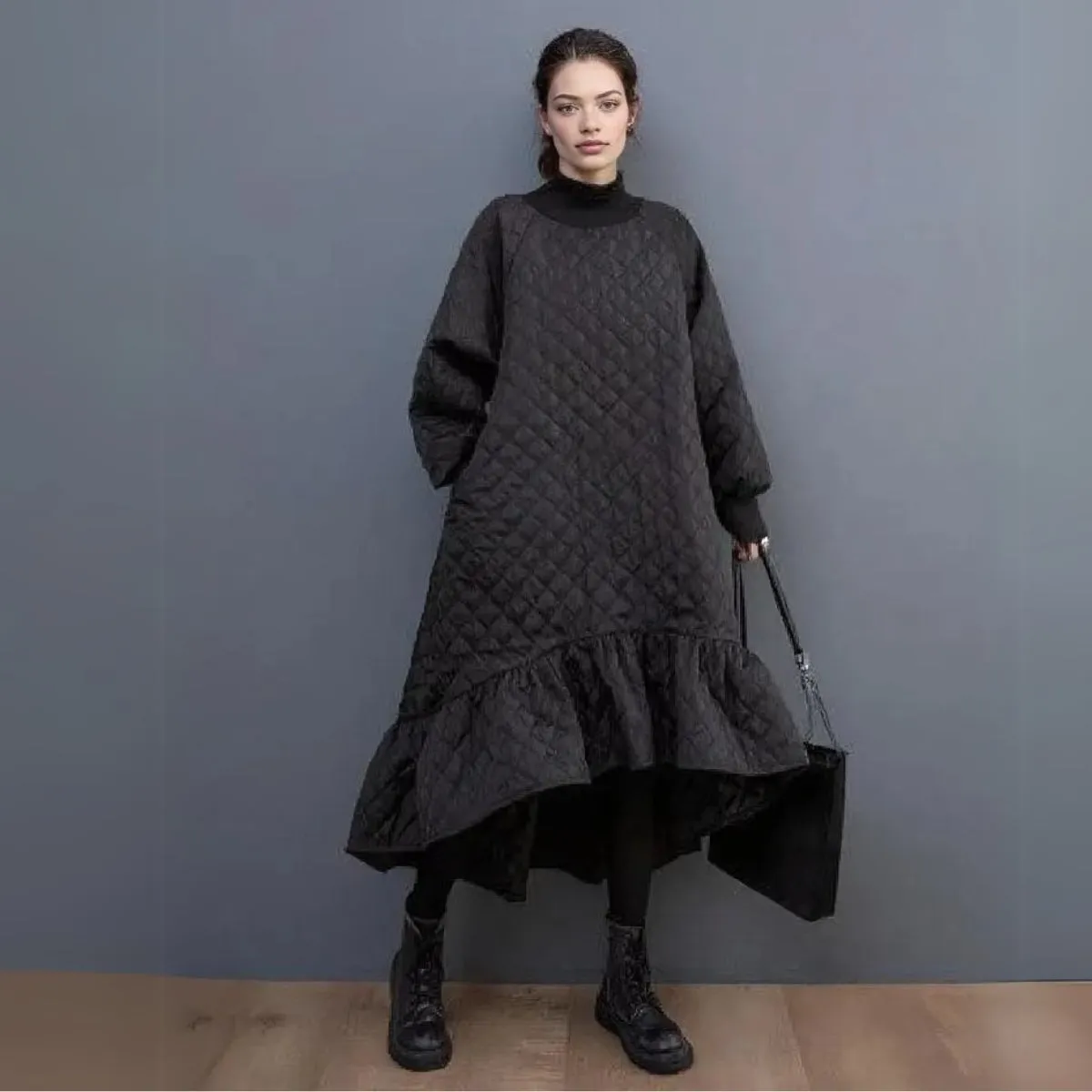 Quilted Winter Dress with Turtleneck and Knitted Cuffs - Warm and Stylish Mid-Calf Design