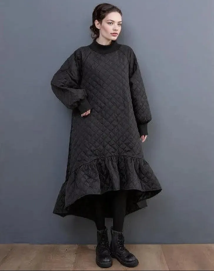 Quilted Winter Dress with Turtleneck and Knitted Cuffs - Warm and Stylish Mid-Calf Design