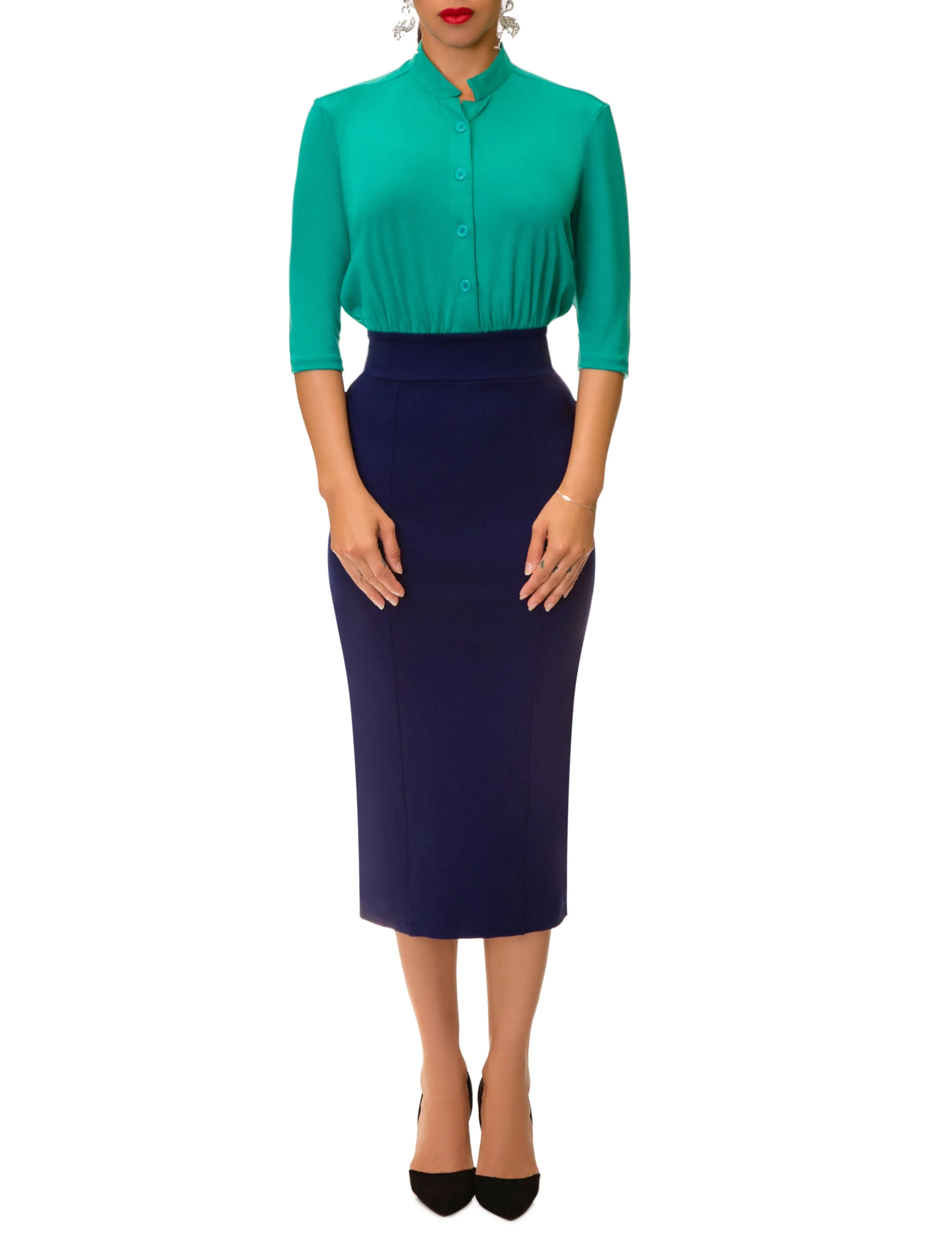 "Veronica" Teal/Navy Color Blocked Button-Down Dress