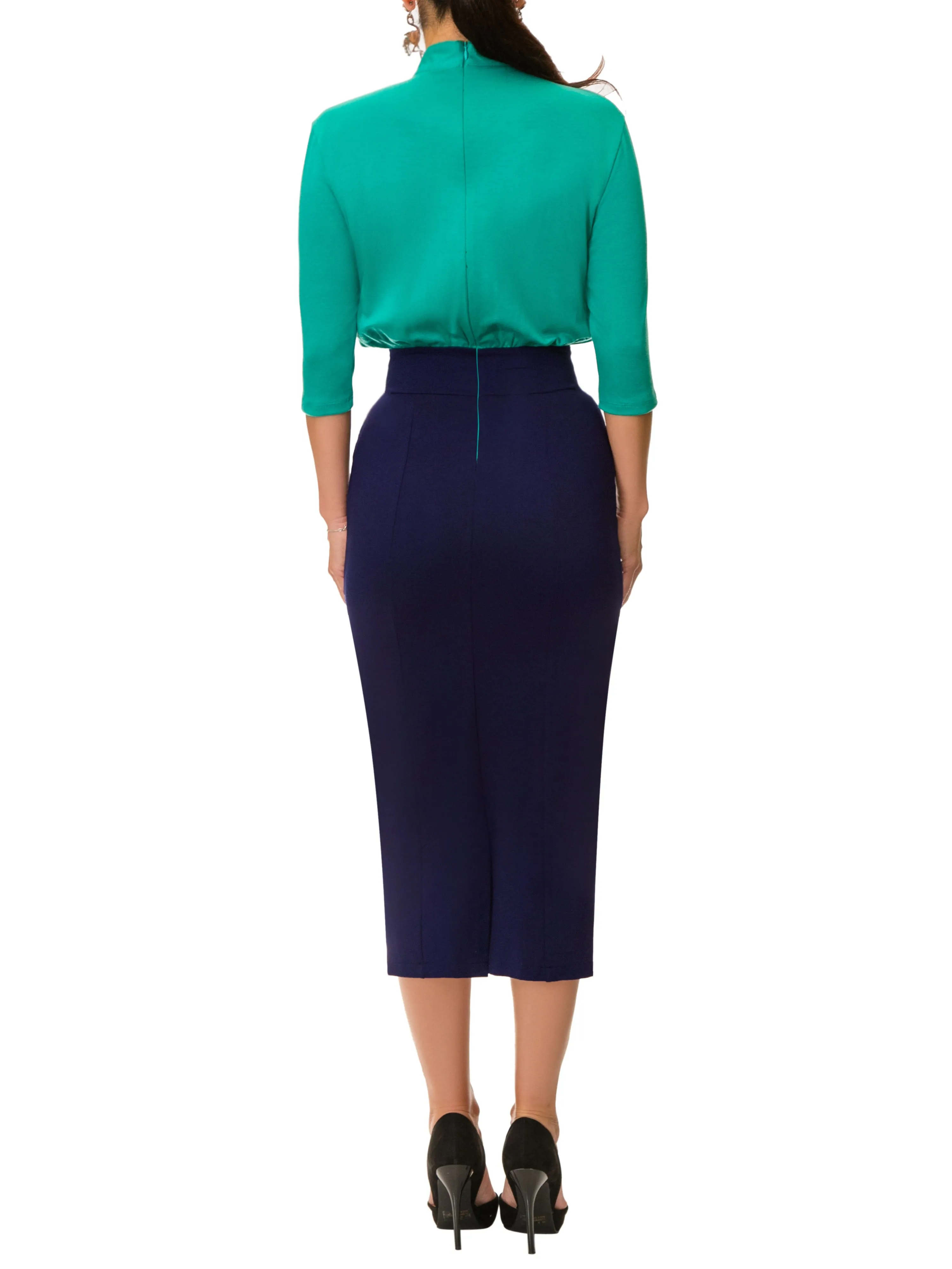 "Veronica" Teal/Navy Color Blocked Button-Down Dress