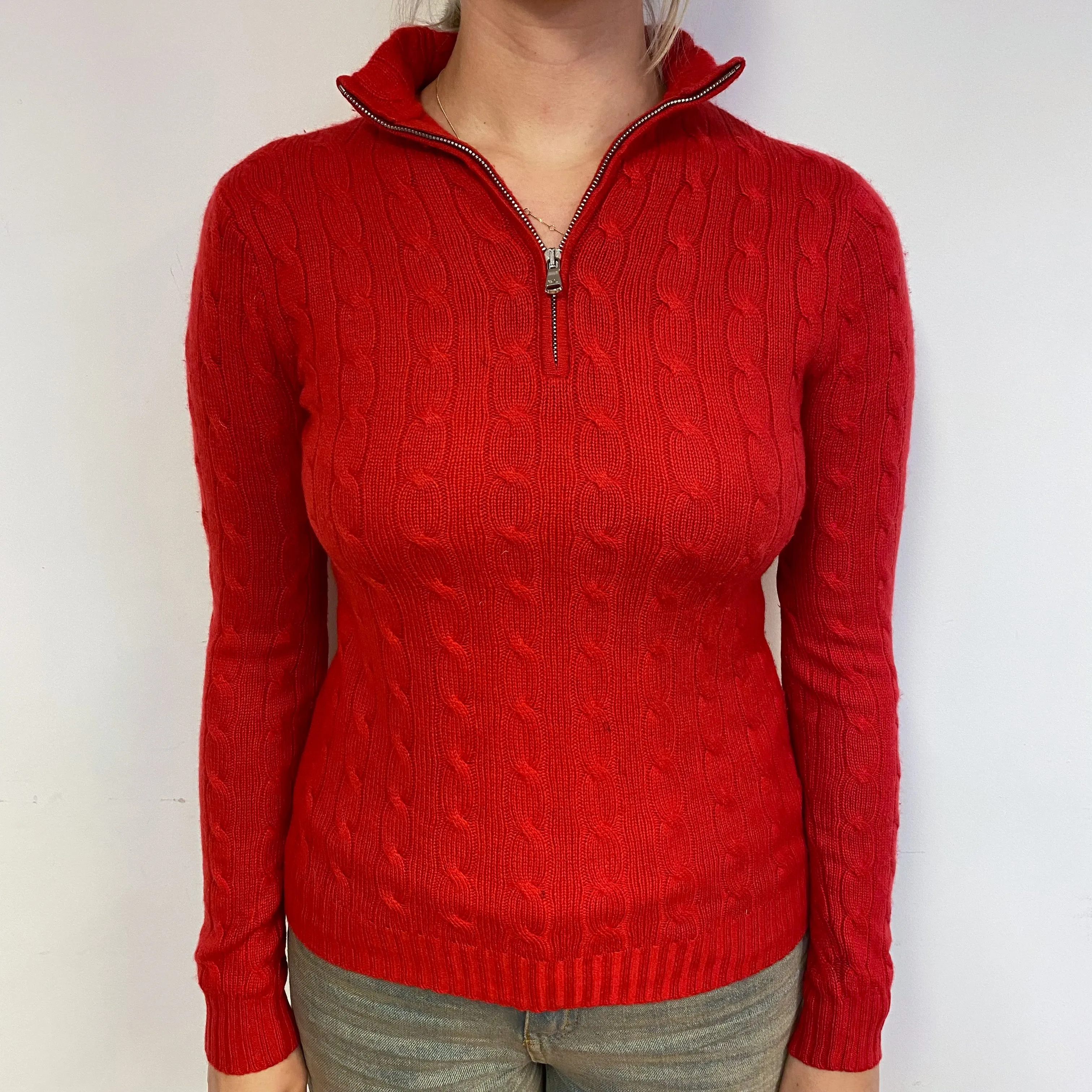 Ralph Lauren Red Cable Cashmere 1/4 Zip Jumper Small