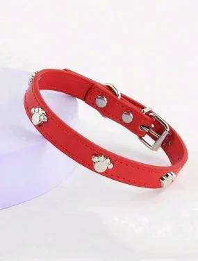 Red & Silver Paw Print Studded Pet Dog & Cat Collar
