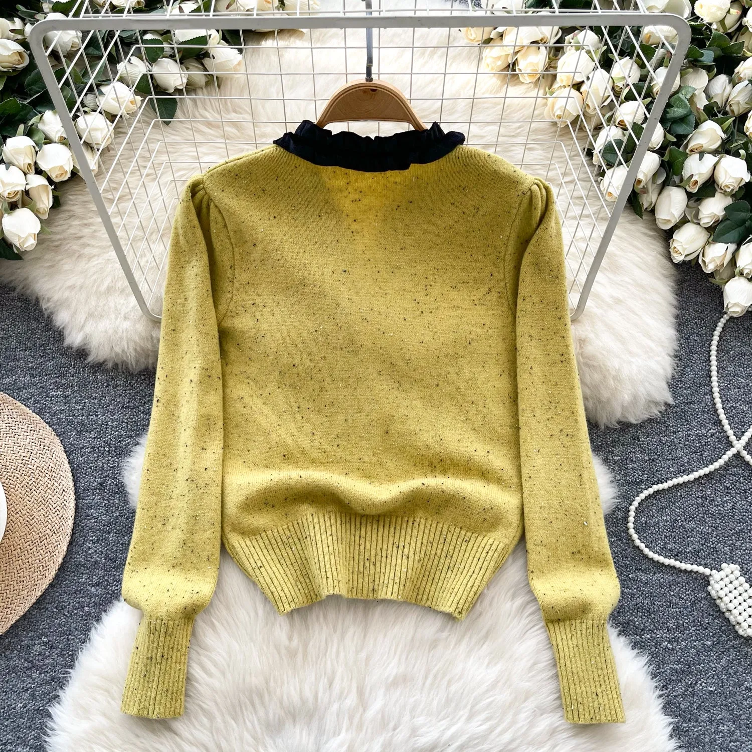 Ruffled Black Bow Single-breasted Knitwear