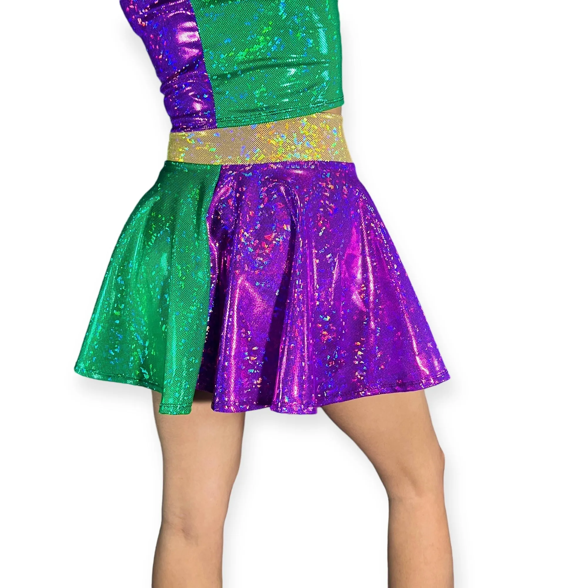 SALE - XS Skater Skirt - Mardi Gras Purple, Green, and Gold Holographic