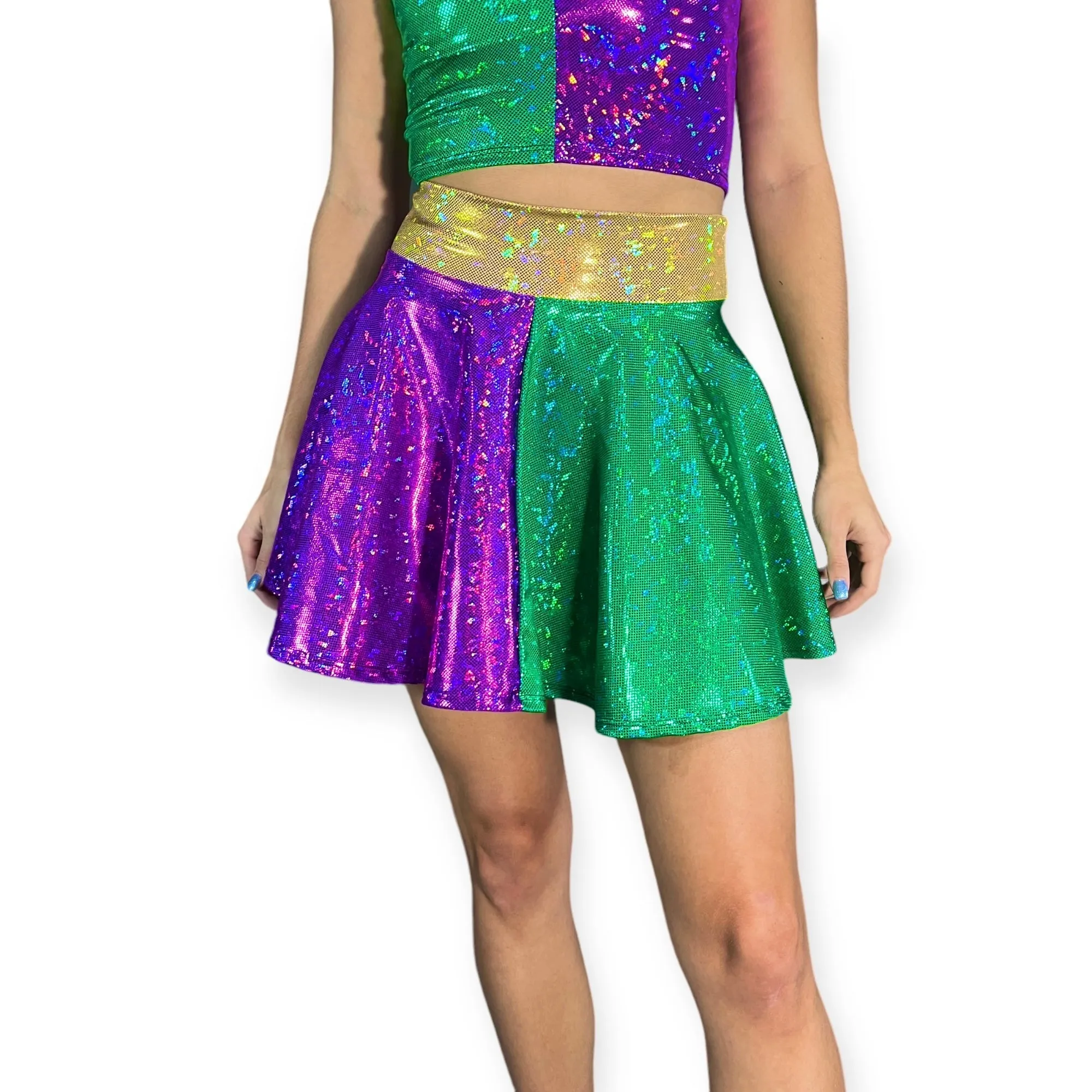 SALE - XS Skater Skirt - Mardi Gras Purple, Green, and Gold Holographic