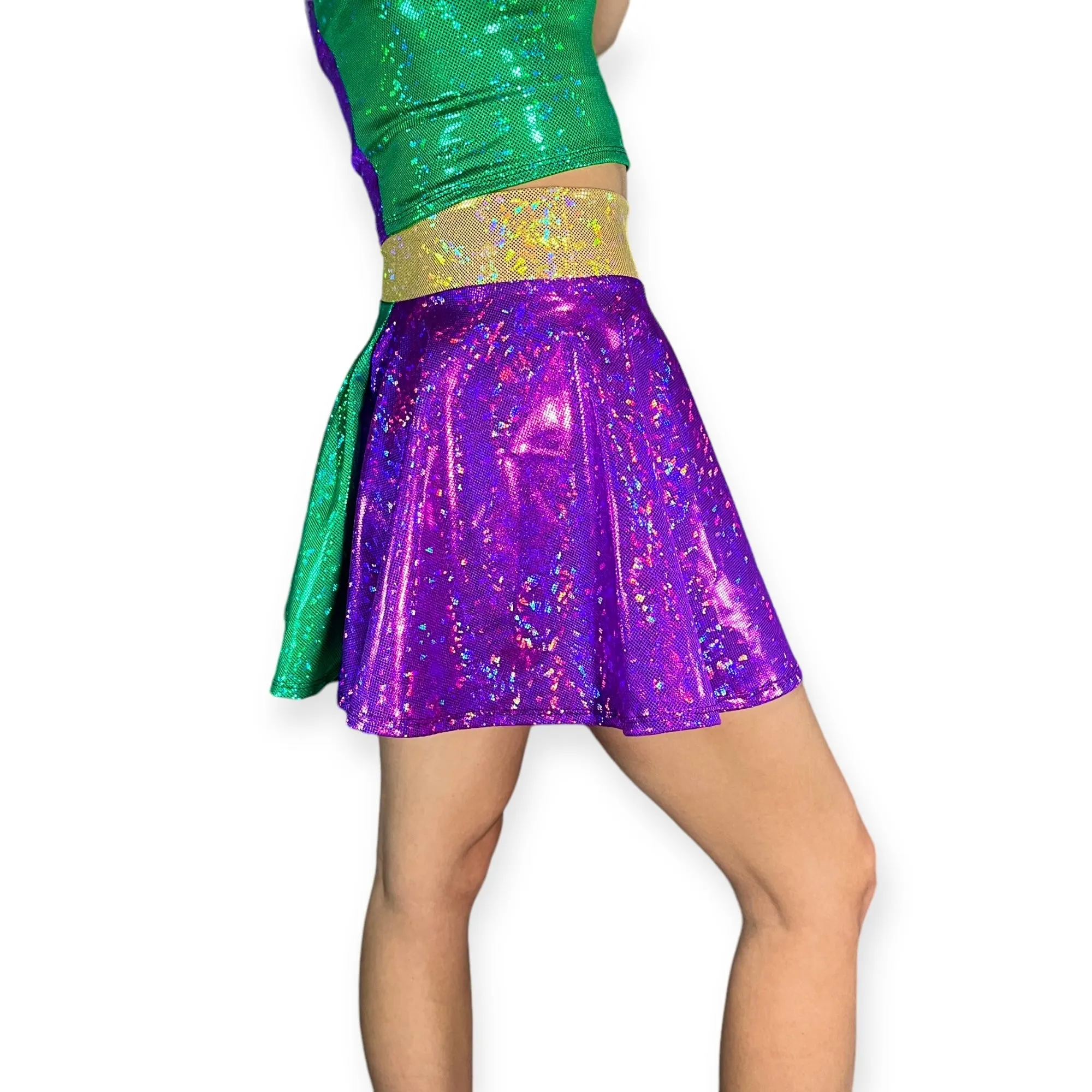 SALE - XS Skater Skirt - Mardi Gras Purple, Green, and Gold Holographic