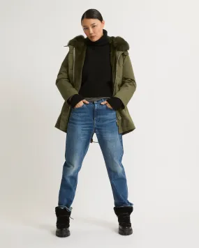 Short parka in waterproof cotton blend with fox and rabbit fur