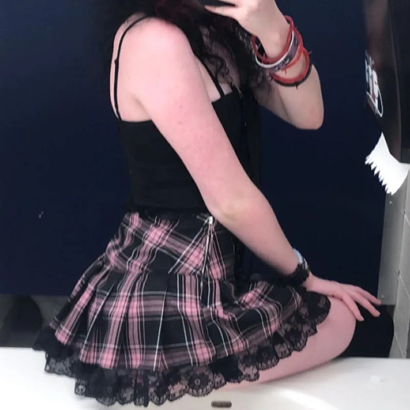 Skirts Pleated Skirt Lace Up Sexy Mini Punk Skirt Gothic Black Skirt Jupe Femme