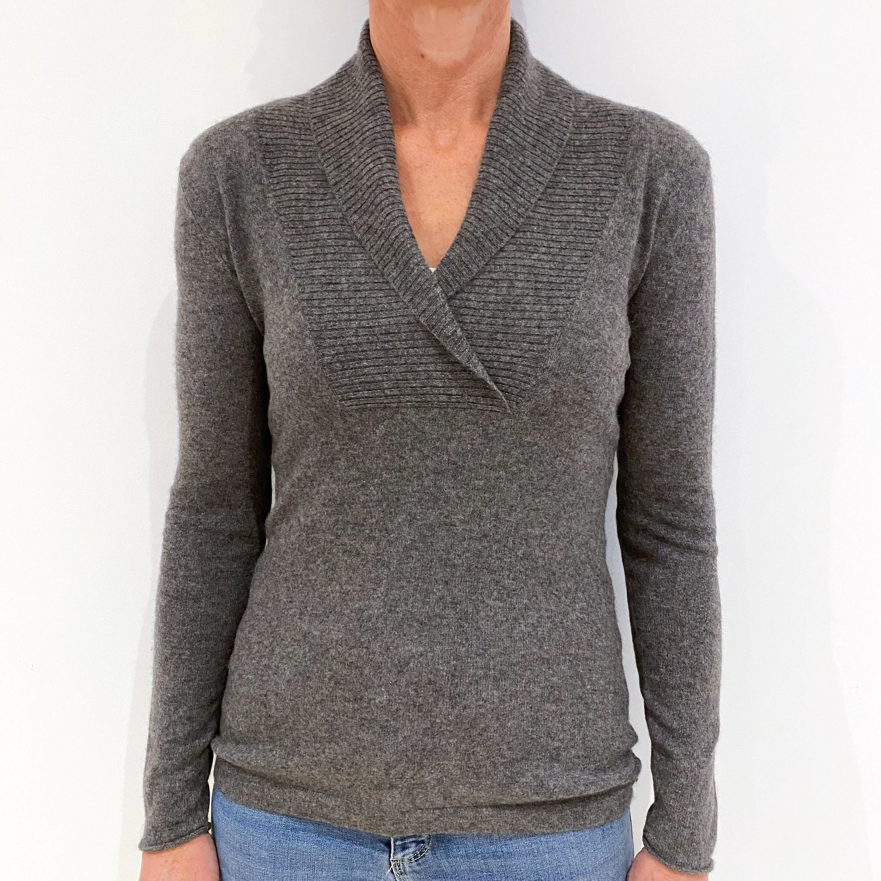 Slate Grey Cashmere Shawl Collar Jumper Small