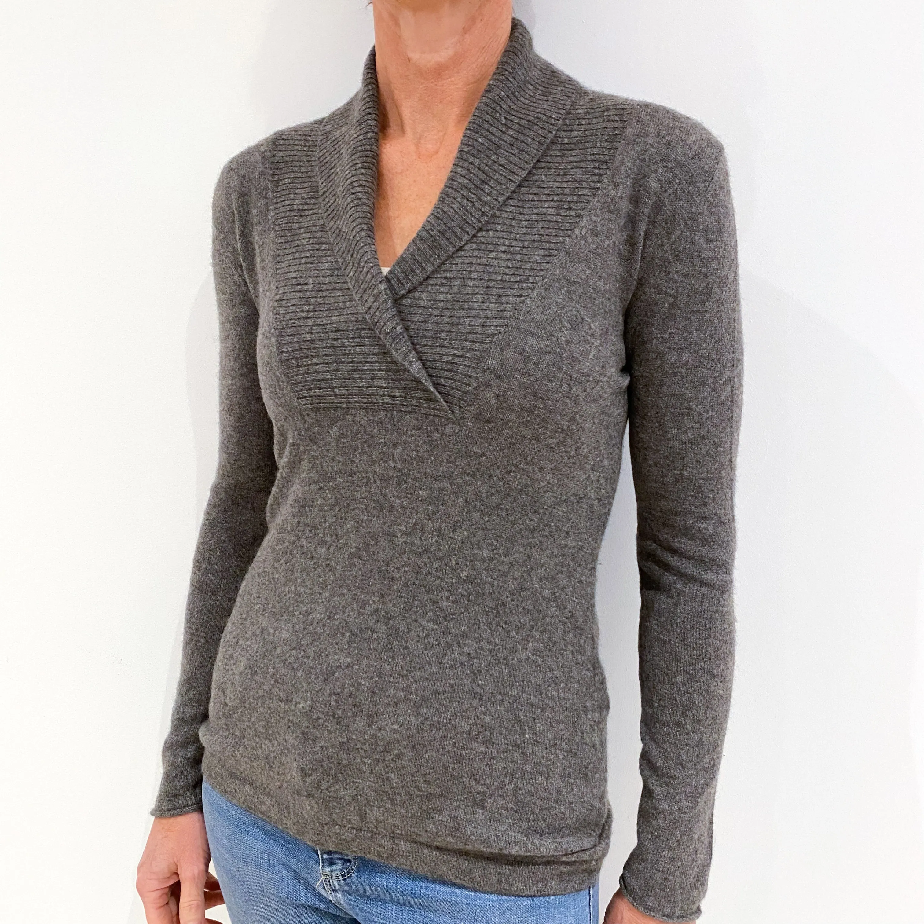 Slate Grey Cashmere Shawl Collar Jumper Small