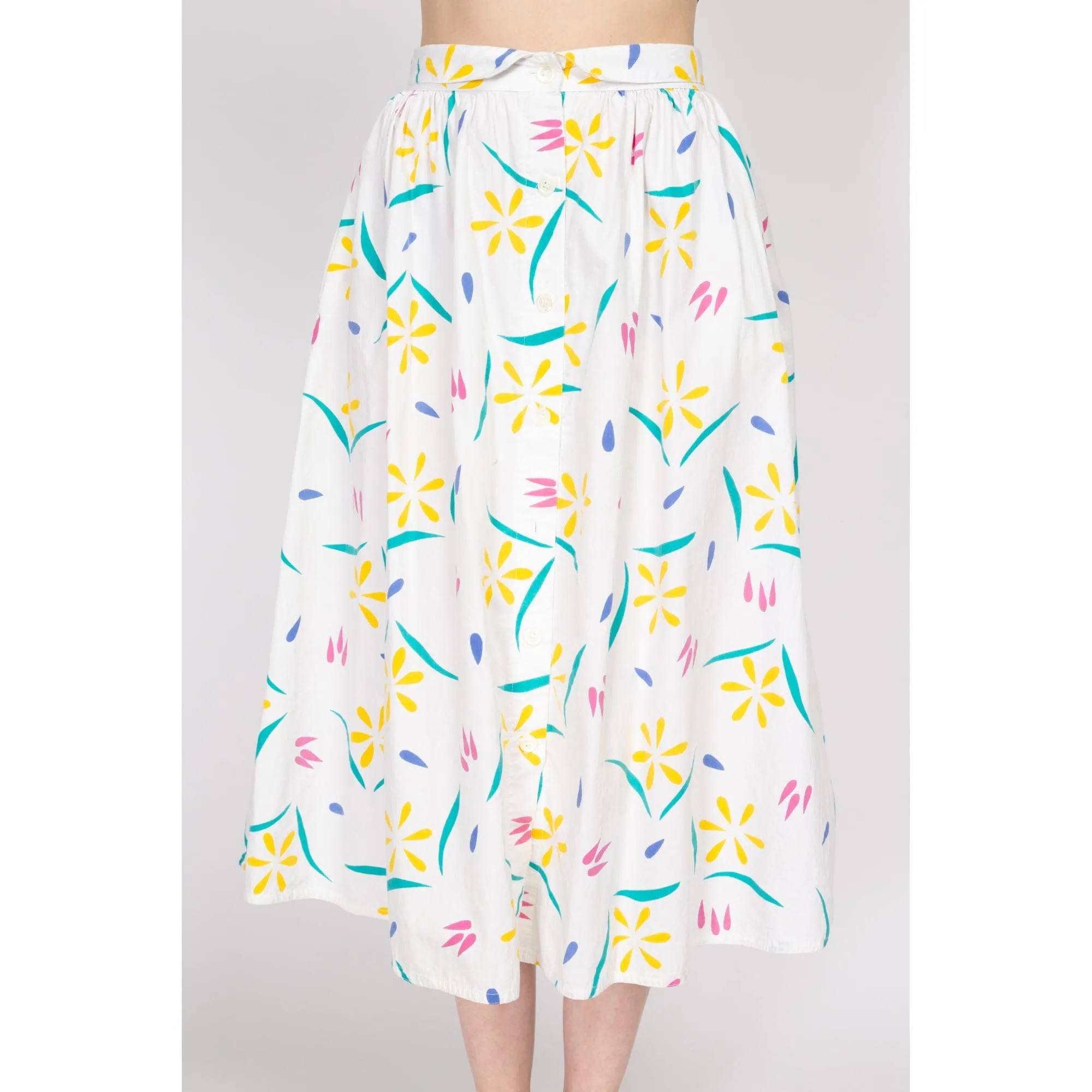 Small 80s White Whimsical Floral Midi Skirt
