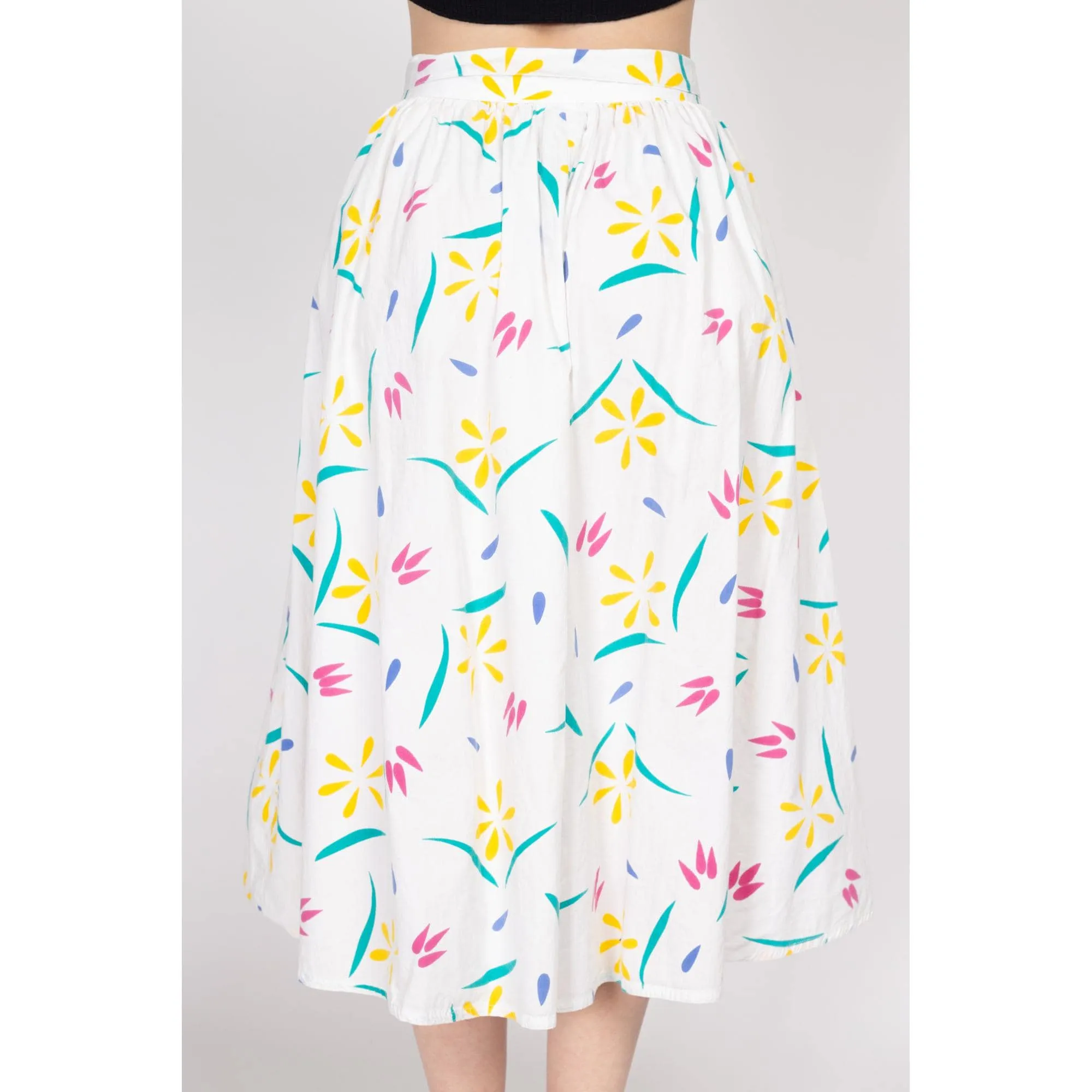 Small 80s White Whimsical Floral Midi Skirt