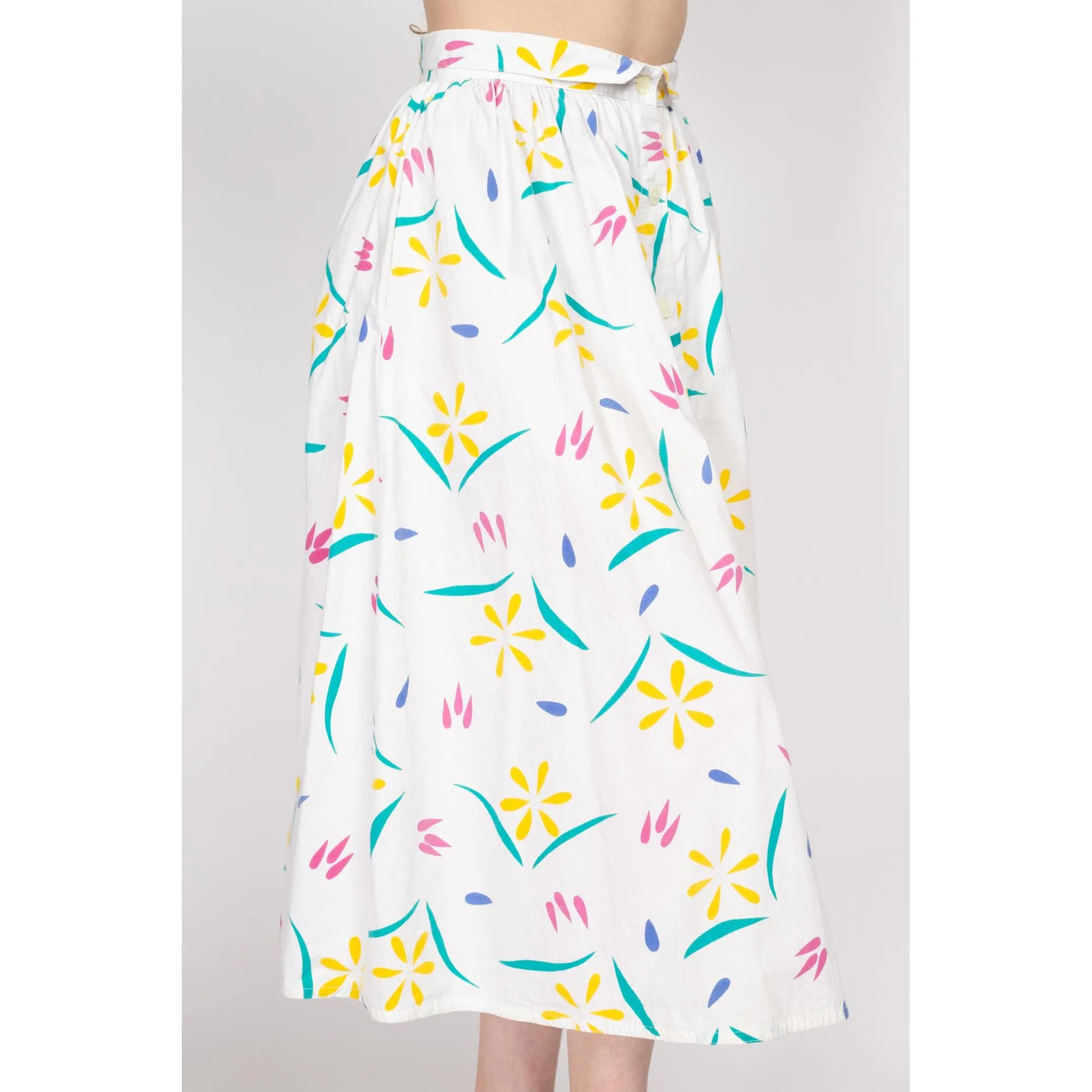 Small 80s White Whimsical Floral Midi Skirt