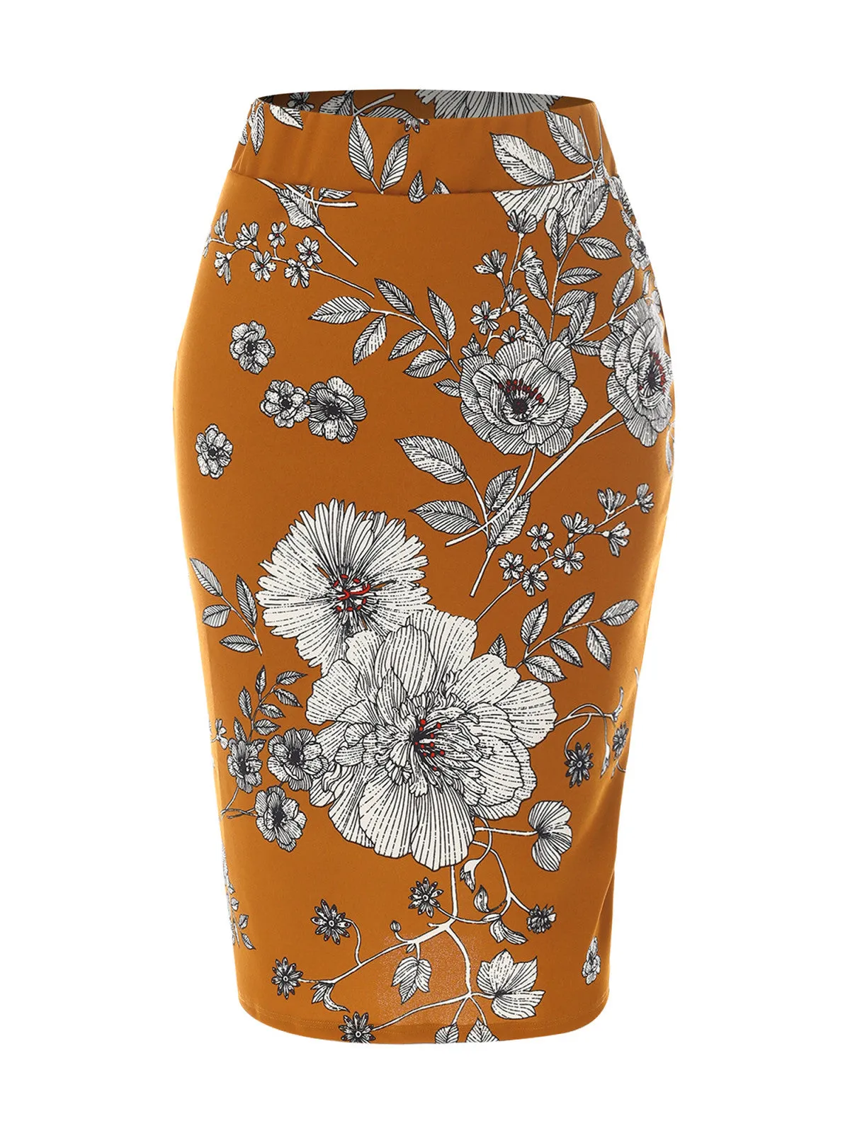 Stretch  Knee Length Midi Bodycon Flower Print Pencil Skirt