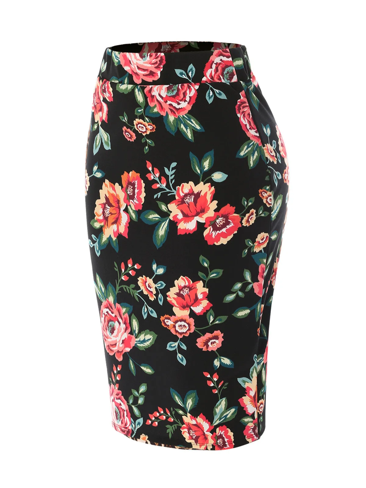 Stretch  Knee Length Midi Bodycon Flower Print Pencil Skirt