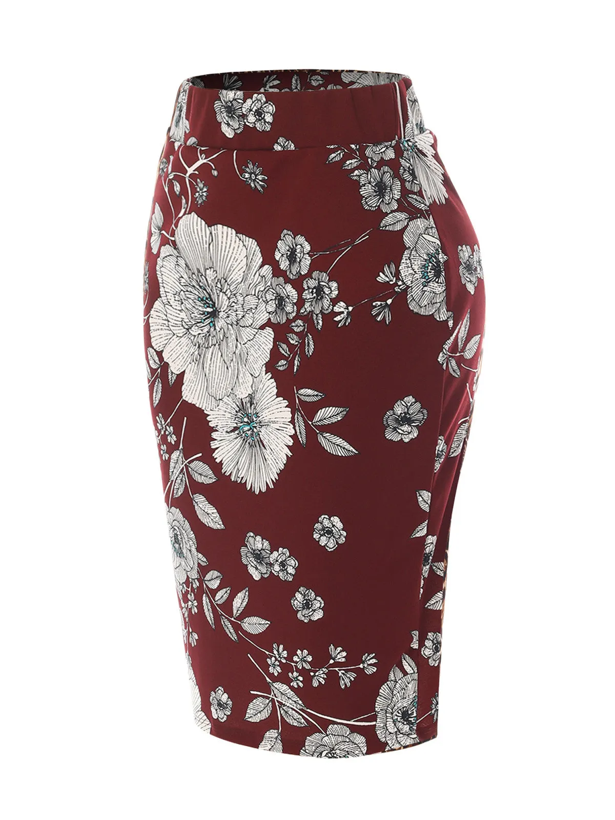 Stretch  Knee Length Midi Bodycon Flower Print Pencil Skirt
