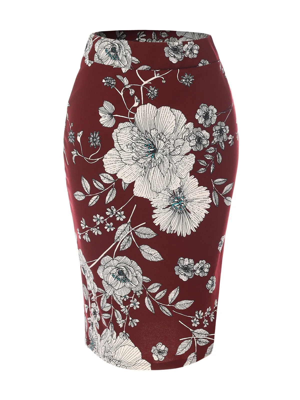 Stretch  Knee Length Midi Bodycon Flower Print Pencil Skirt