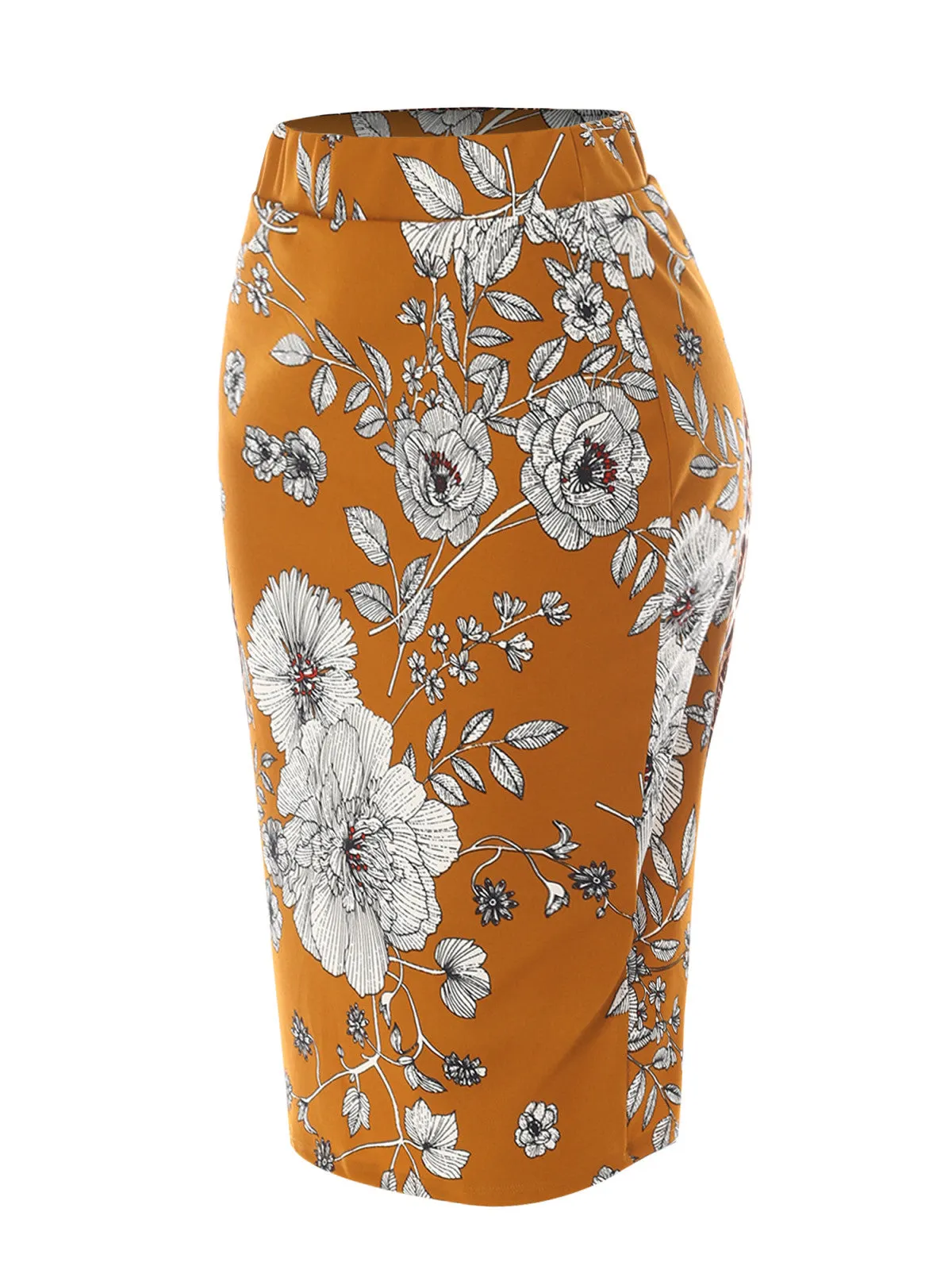 Stretch  Knee Length Midi Bodycon Flower Print Pencil Skirt