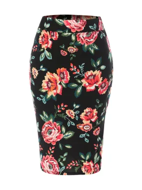 Stretch  Knee Length Midi Bodycon Flower Print Pencil Skirt