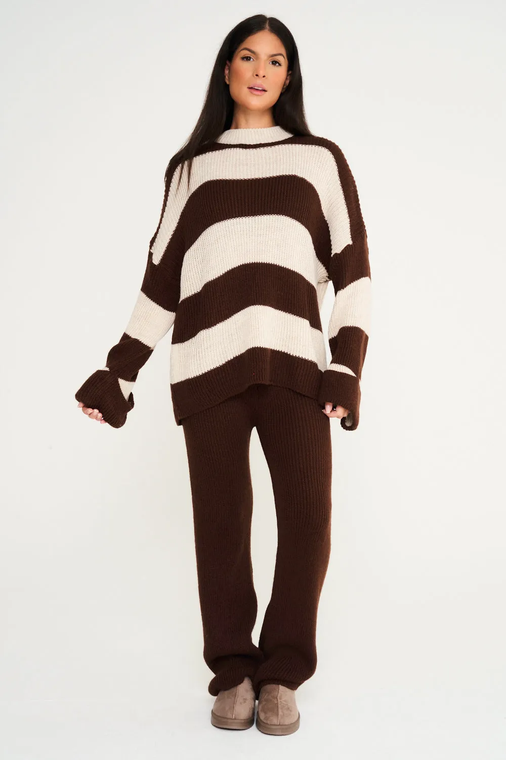 Stripe Knitted Co-Ord - Choc Brown