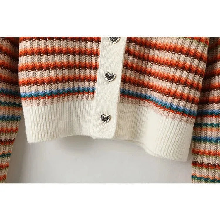 Striped Colorblock Heart Button Cardigan Sweater Casual Pants Two Piece Set