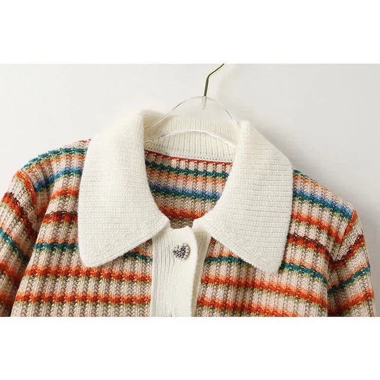 Striped Colorblock Heart Button Cardigan Sweater Casual Pants Two Piece Set