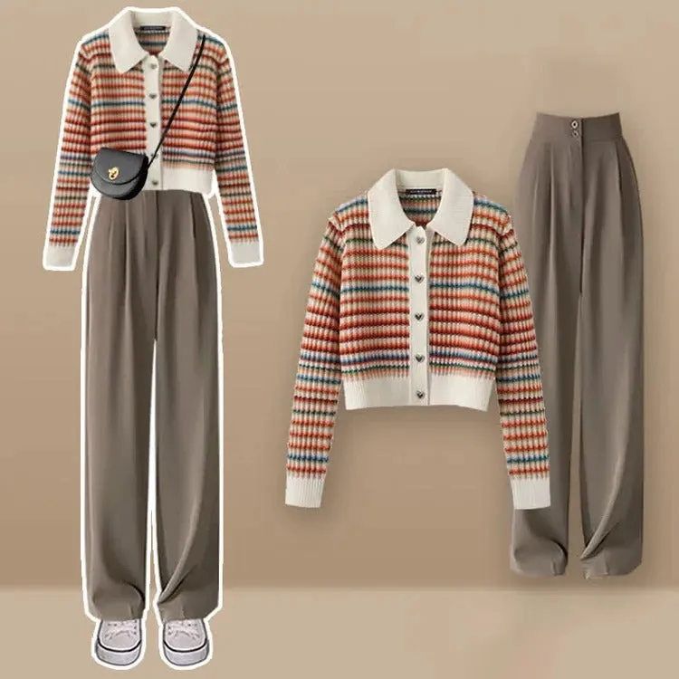 Striped Colorblock Heart Button Cardigan Sweater Casual Pants Two Piece Set
