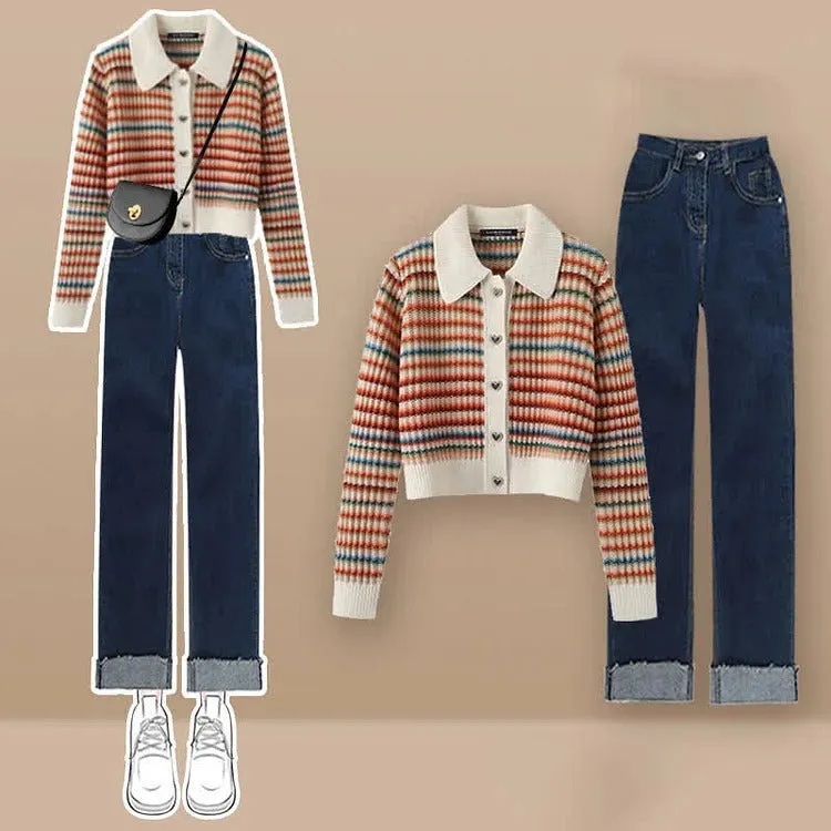 Striped Colorblock Heart Button Cardigan Sweater Casual Pants Two Piece Set