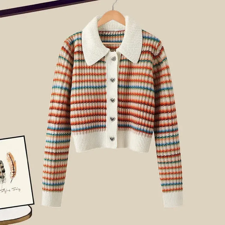 Striped Colorblock Heart Button Cardigan Sweater Casual Pants Two Piece Set