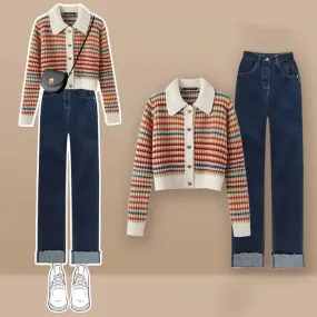 Striped Colorblock Heart Button Cardigan Sweater Casual Pants Two Piece Set