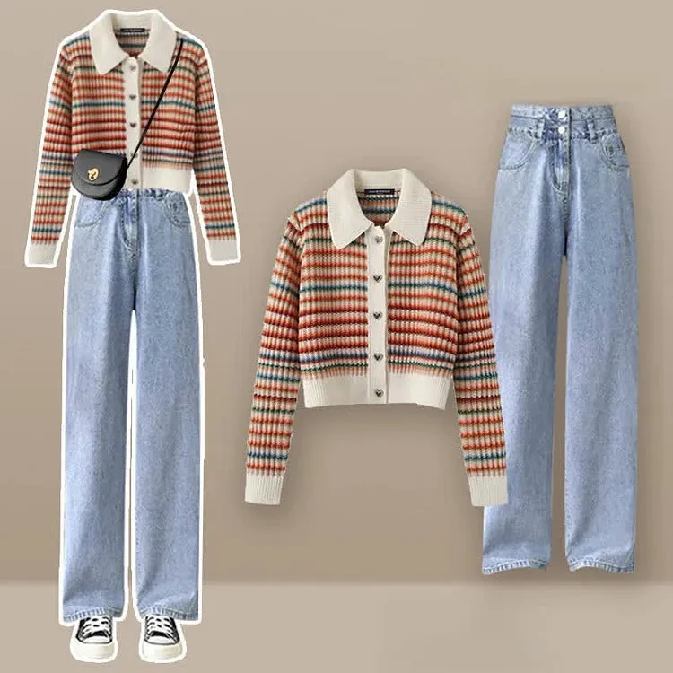 Striped Colorblock Heart Button Cardigan Sweater Casual Pants Two Piece Set