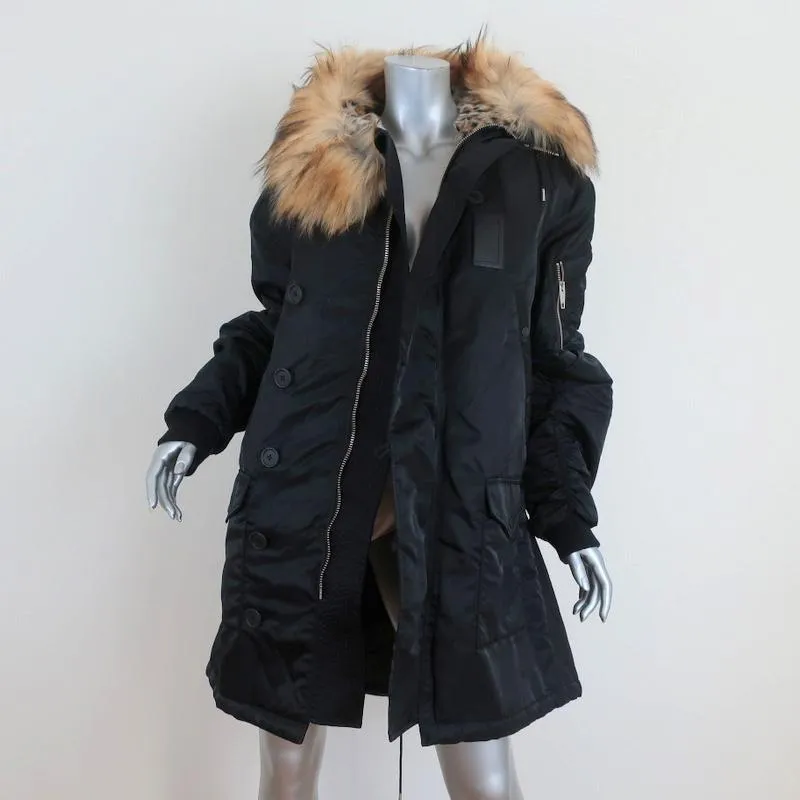 The Kooples Oversized Hooded Parka Black Size 2 Faux Fur-Trim Coat NEW