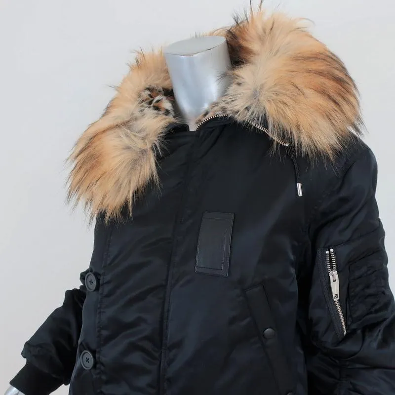 The Kooples Oversized Hooded Parka Black Size 2 Faux Fur-Trim Coat NEW