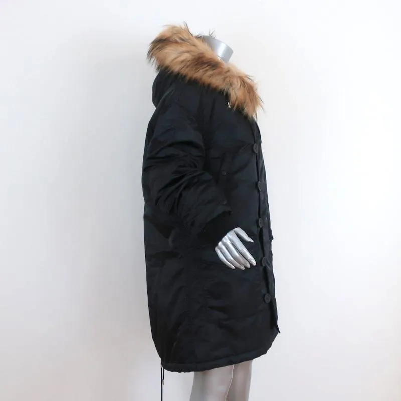 The Kooples Oversized Hooded Parka Black Size 2 Faux Fur-Trim Coat NEW